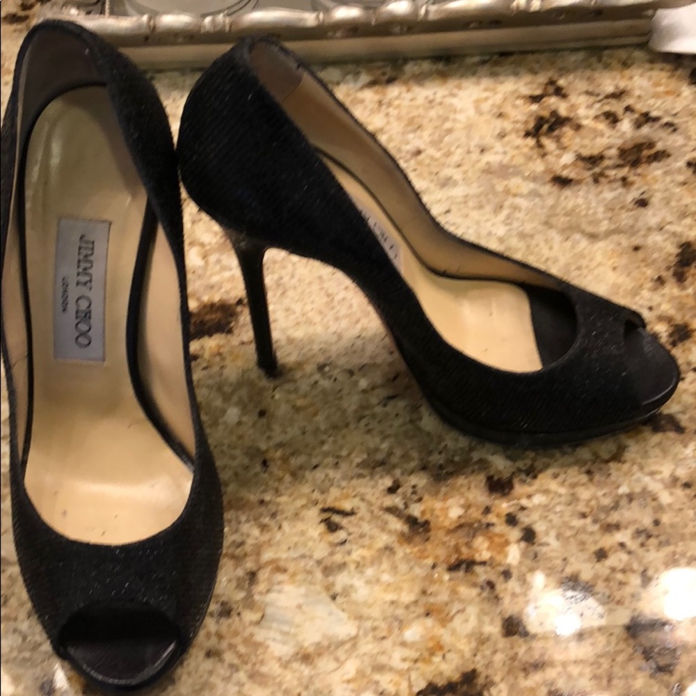 Jimmy Choo 37 glitter heels black open toe
